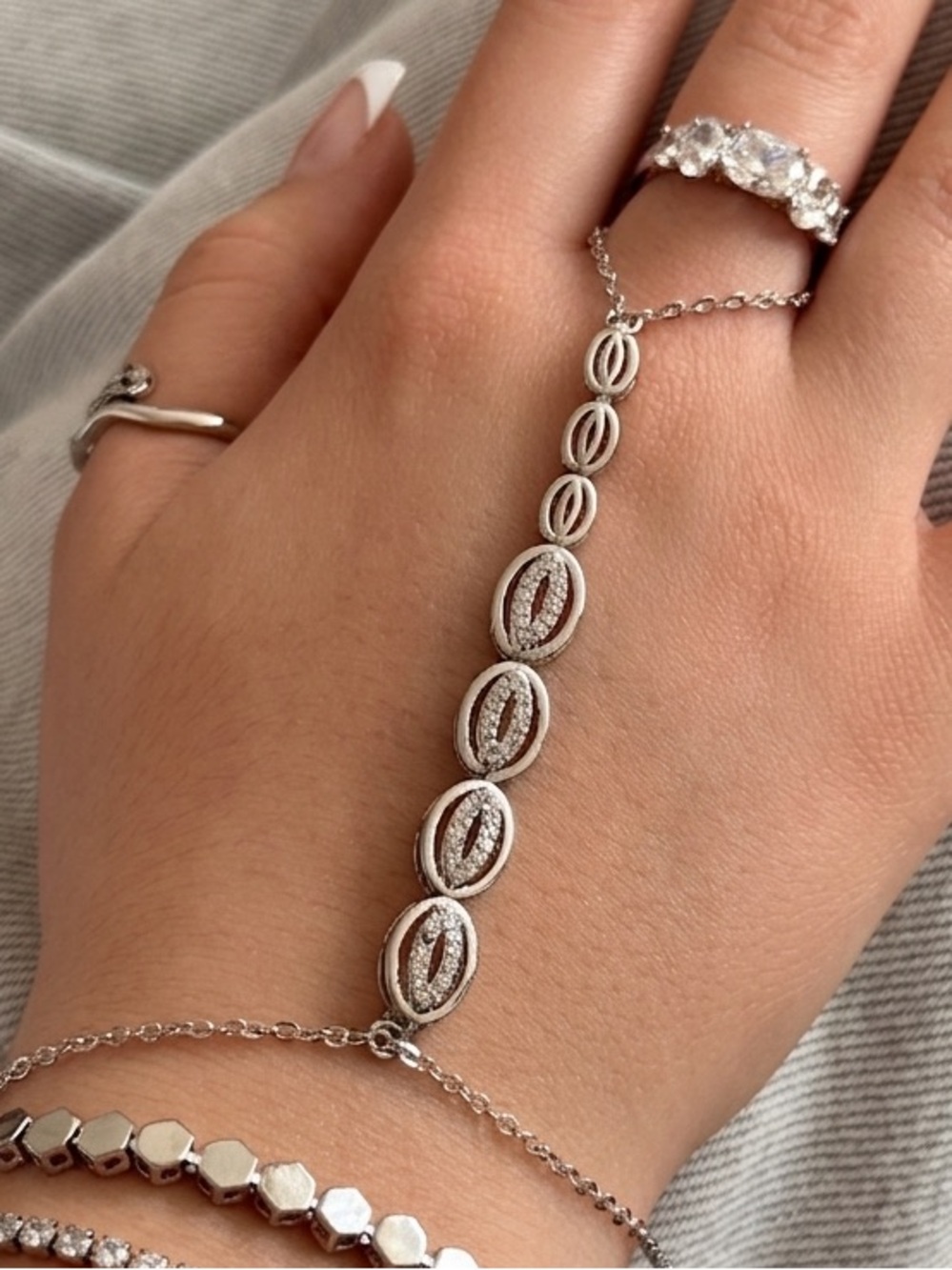 3/$40! Platinum Plated Hand Chain Pave Zirconia Finger-to-Wrist Slave Bracelet